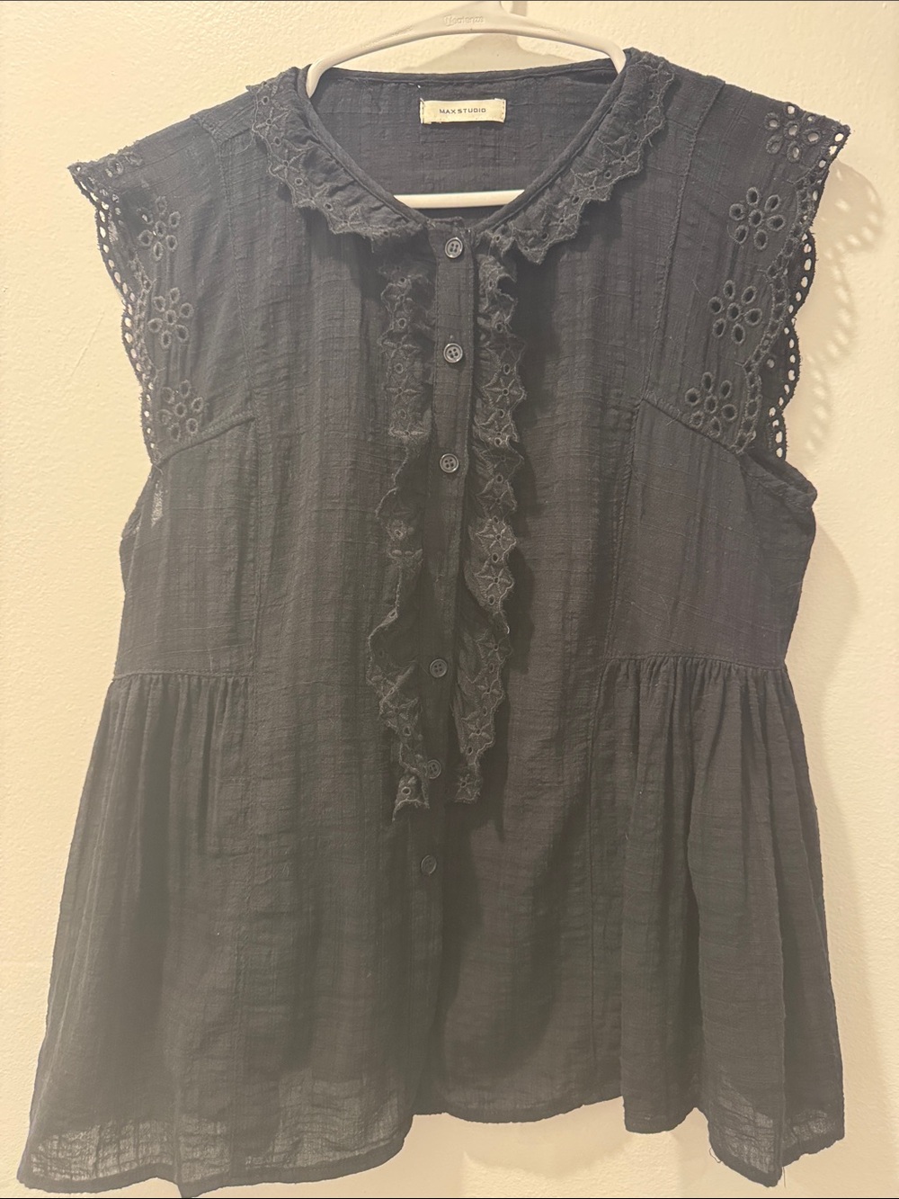 Max Studio Black Sleeveless Ruffle Eyelet Blouse